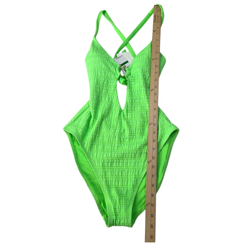 Becca Ariyah Cutout Plunge One Piece Swimsuit NEW Womens Large Neon Green Gold - Picture 8 of 11